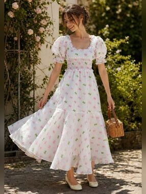 SISTER JANE Smocked PINK BOW Puff Sleeve Jacquard Cottegecore DRESS Size S/M